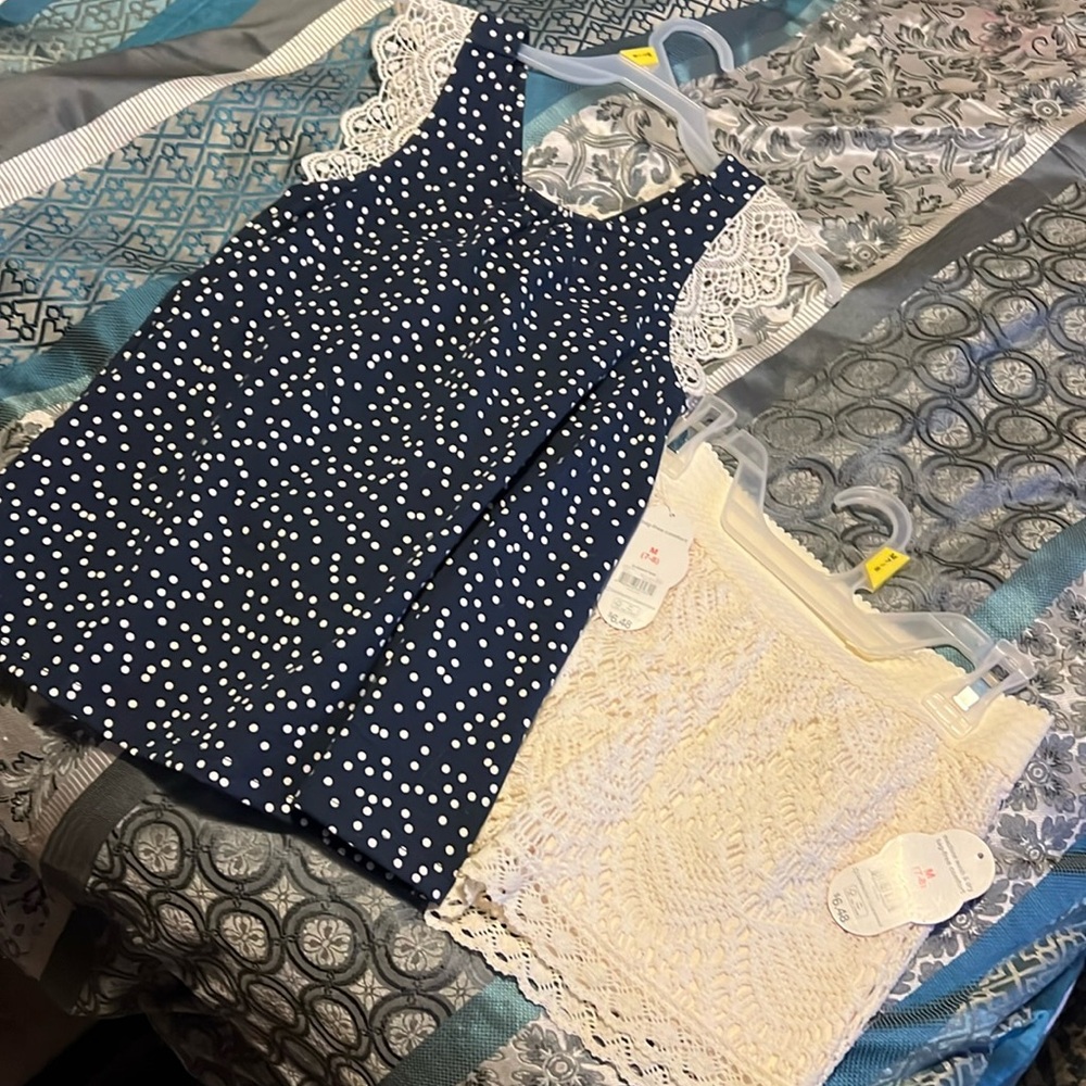 Girls Navy blue and Cream Top and shorts outfit.